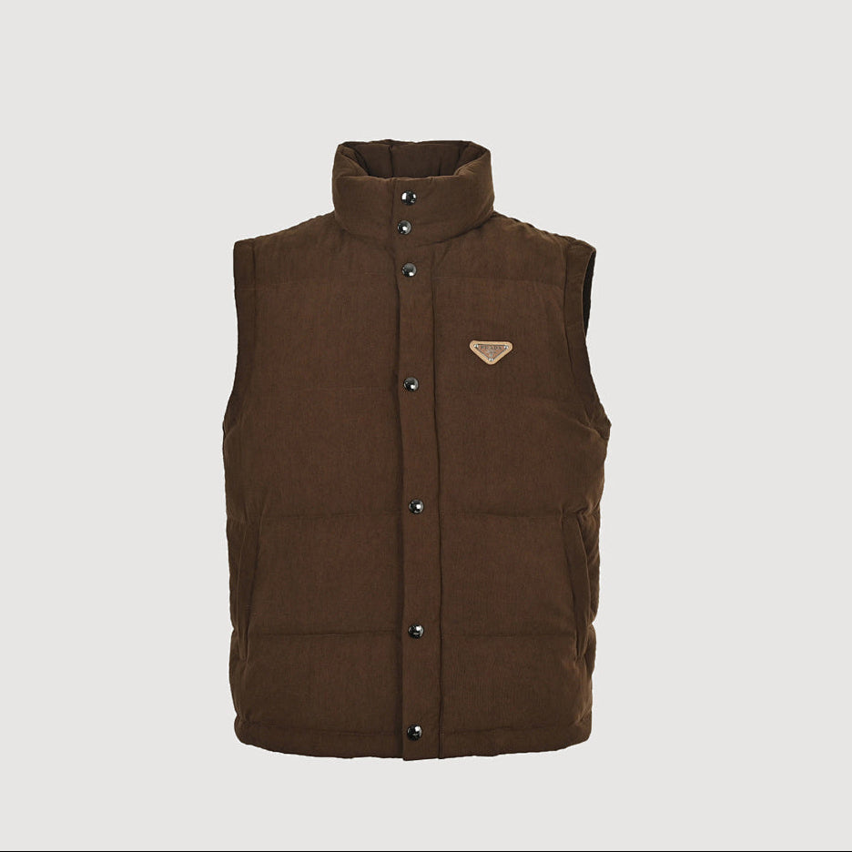 Prada Triangle Logo Down Vest — Dark Brown