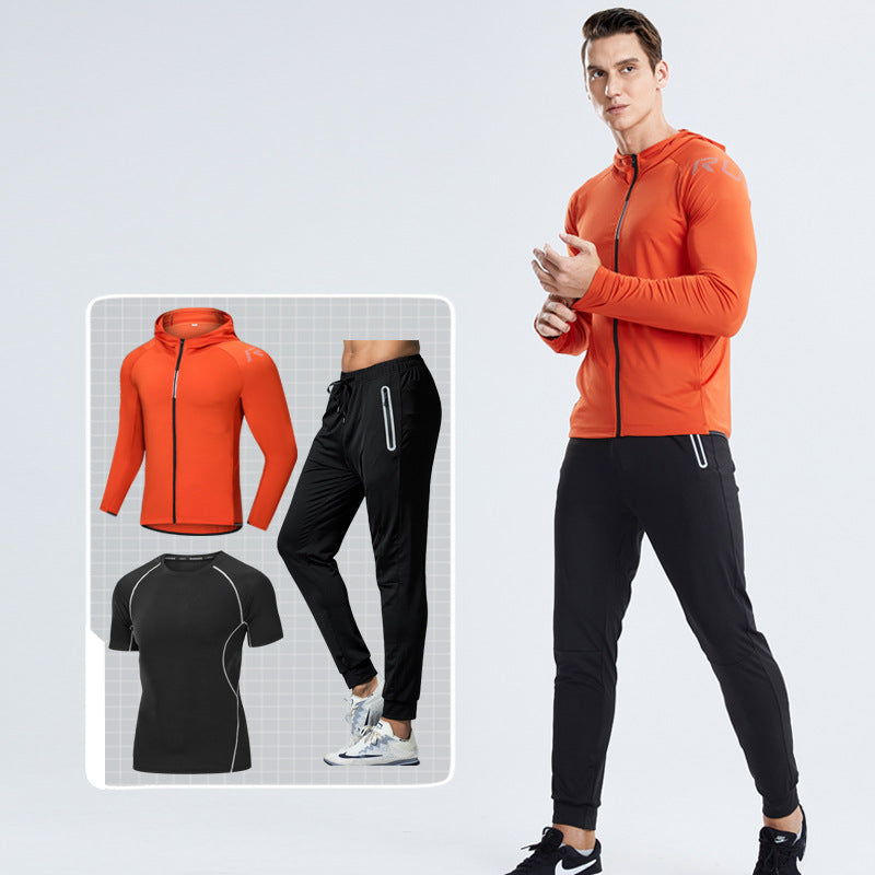 New Men's Fitness Apparel Quick-Drying Long-Sleeved Pants Tight-Fitting Elastic Sports Suit Three-Piece Set