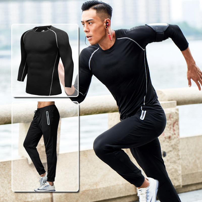 New Men's Fitness Apparel Quick-Drying Long-Sleeved Pants Tight-Fitting Elastic Sports Suit Two-piece Set
