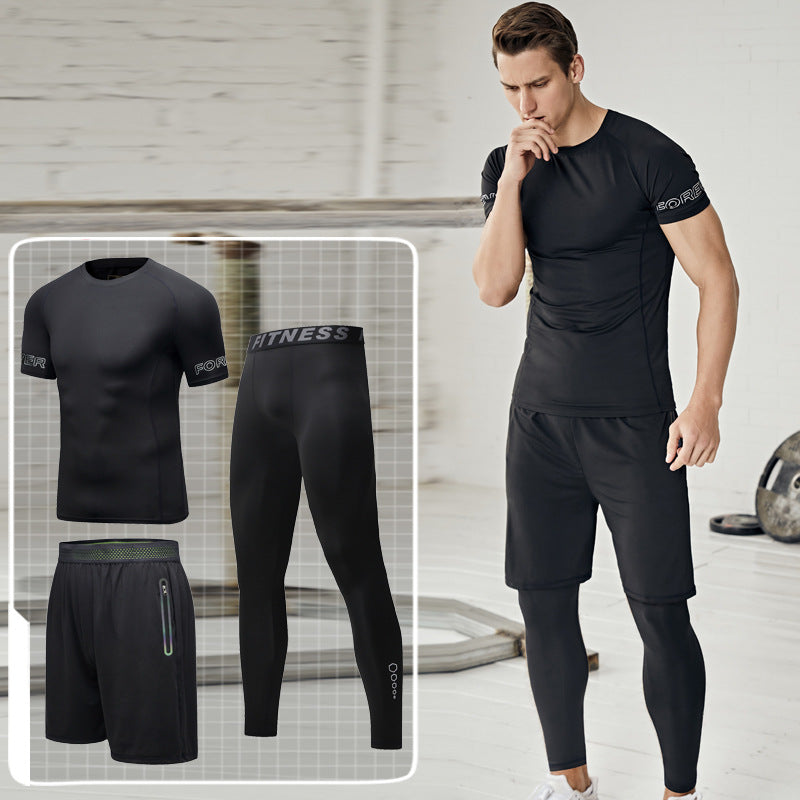 New Men's Fitness Apparel Quick-Drying Long-Sleeved Pants Tight-Fitting Elastic Sports Suit Three-Piece Set