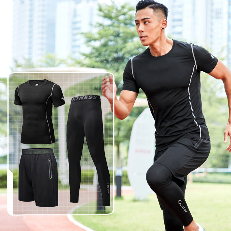 New Men's Fitness Apparel Quick-Drying Long-Sleeved Pants Tight-Fitting Elastic Sports Suit Three-Piece Set