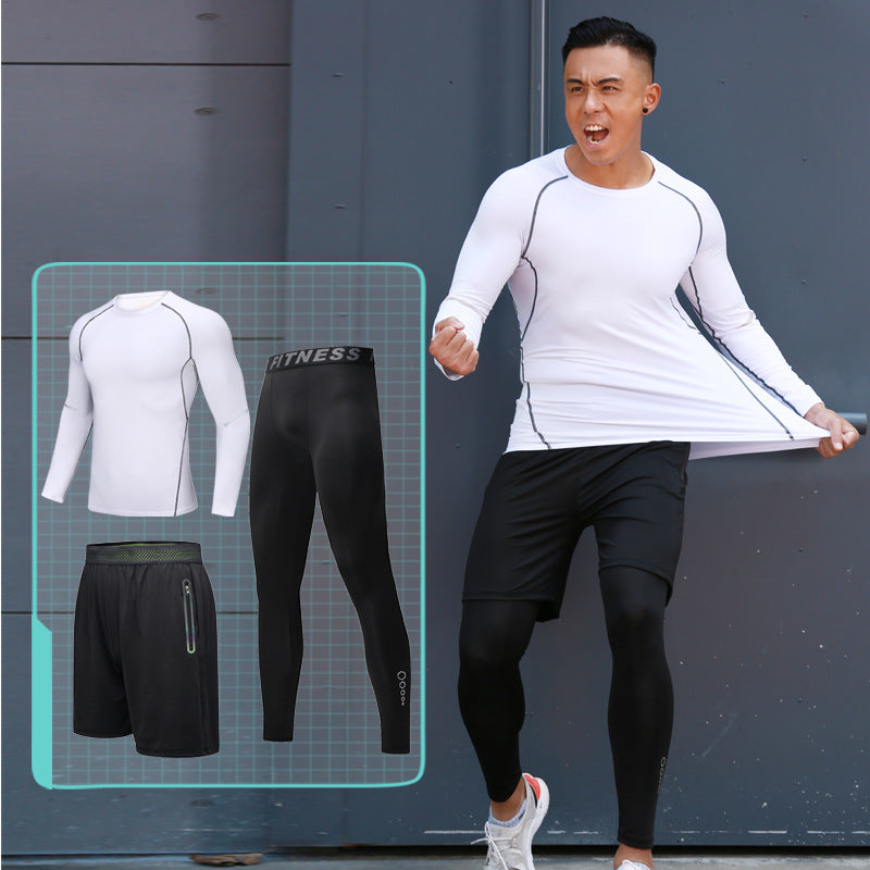 New Men's Fitness Apparel Quick-Drying Long-Sleeved Pants Tight-Fitting Elastic Sports Suit Three-Piece Set