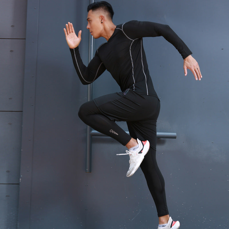 New Men's Fitness Apparel Quick-Drying Long-Sleeved Pants Tight-Fitting Elastic Sports Suit Three-Piece Set