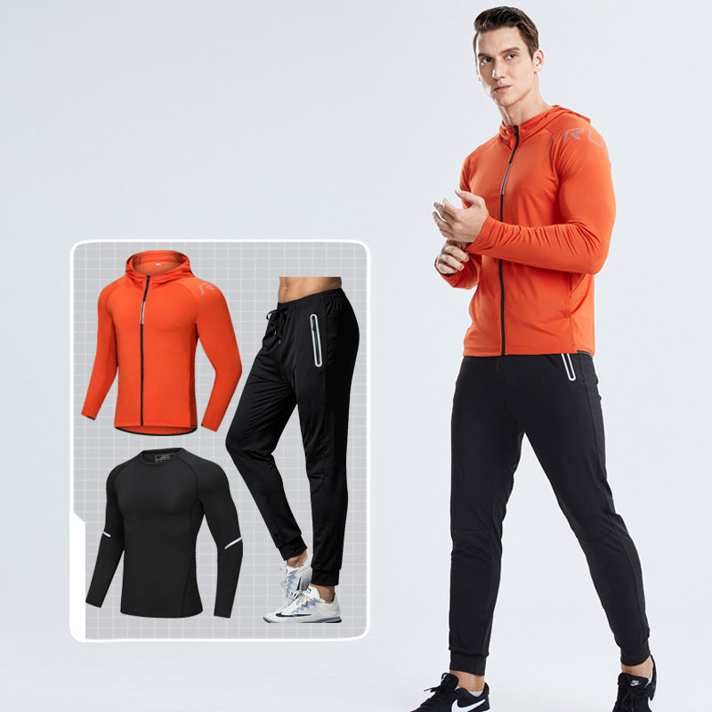 New Men's Fitness Apparel Quick-Drying Long-Sleeved Pants Tight-Fitting Elastic Sports Suit Three-Piece Set