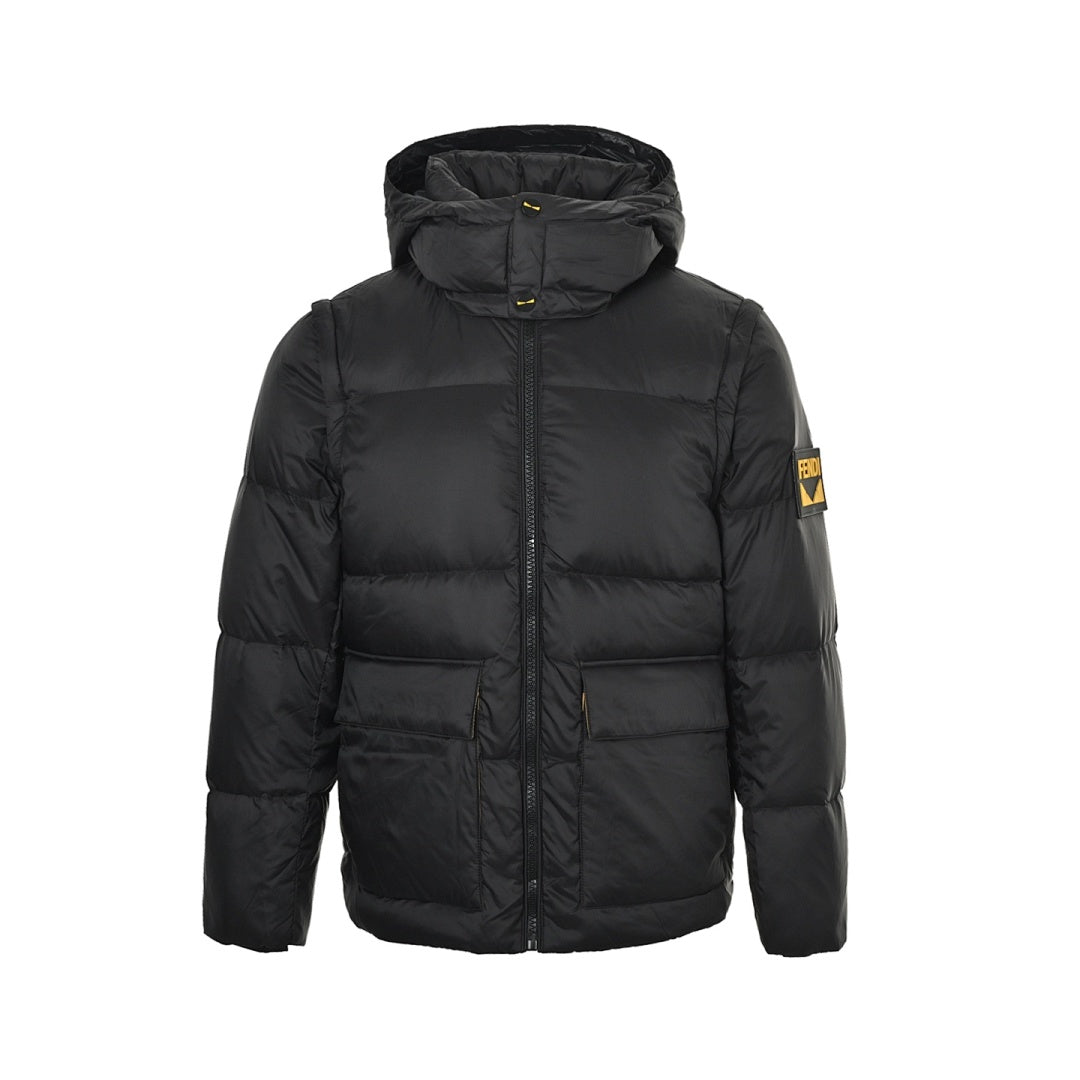 Fendi Hooded Down Jacket — Black, Yellow Logo Badge