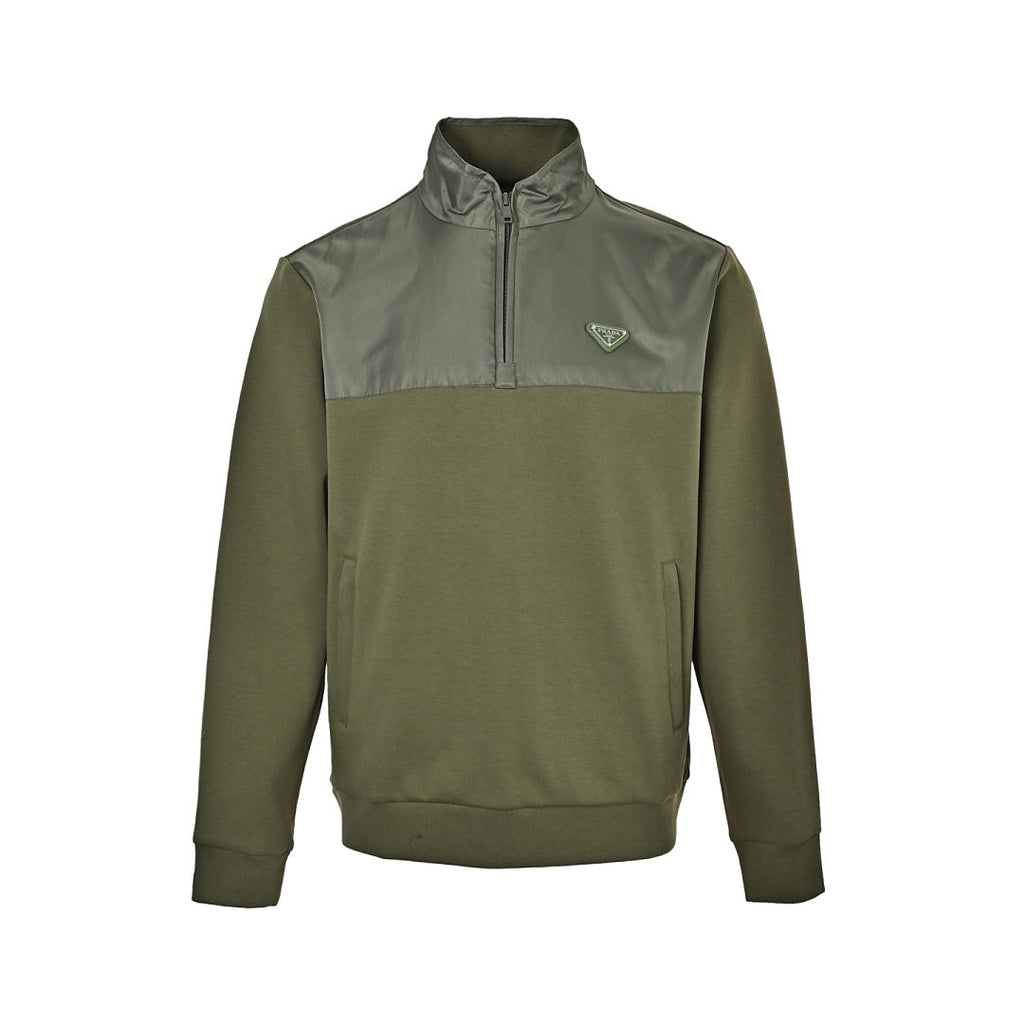 Prada Contrast-Yoke Quarter-Zip Pullover — Olive