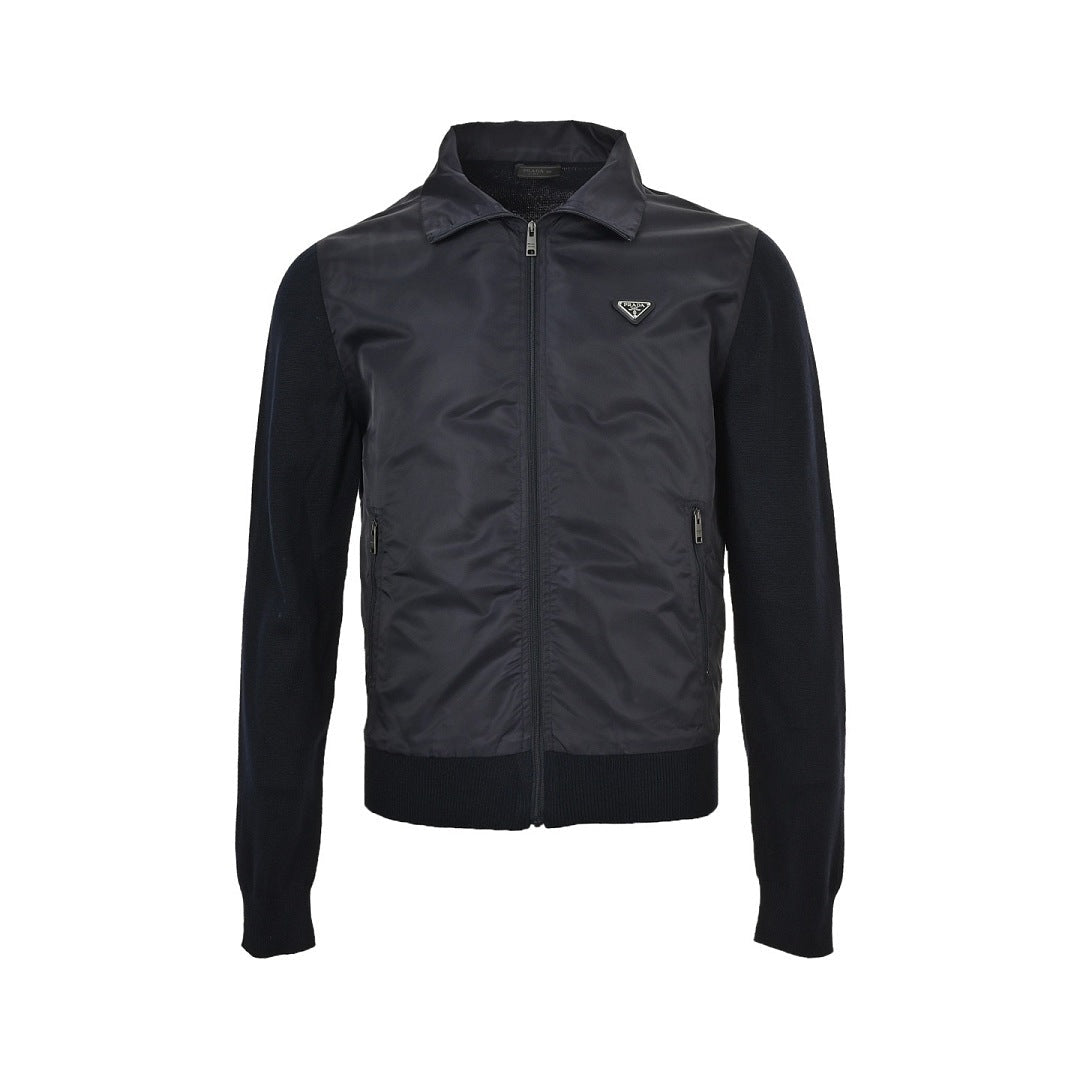 Prada Mixed-Material Triangle Logo Zip Jacket — Black