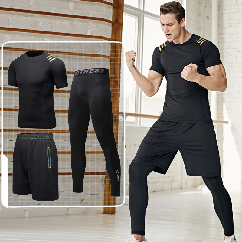 New Men's Fitness Apparel Quick-Drying Long-Sleeved Pants Tight-Fitting Elastic Sports Suit Three-Piece Set
