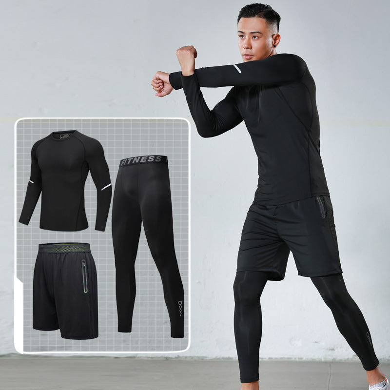 New Men's Fitness Apparel Quick-Drying Long-Sleeved Pants Tight-Fitting Elastic Sports Suit Three-Piece Set