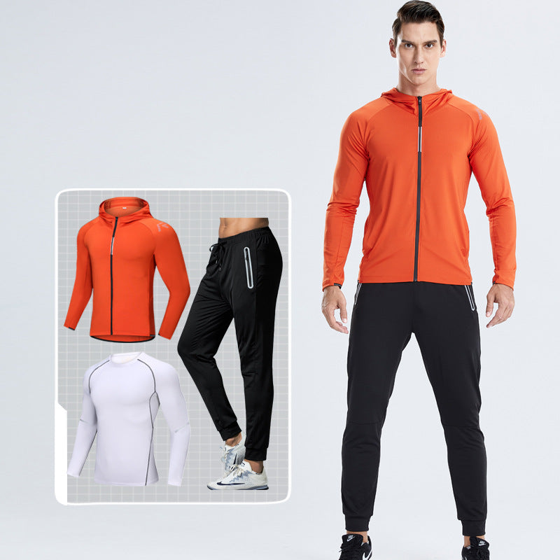 New Men's Fitness Apparel Quick-Drying Long-Sleeved Pants Tight-Fitting Elastic Sports Suit Three-Piece Set
