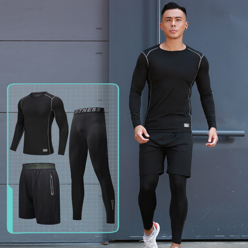 New Men's Fitness Apparel Quick-Drying Long-Sleeved Pants Tight-Fitting Elastic Sports Suit Three-Piece Set