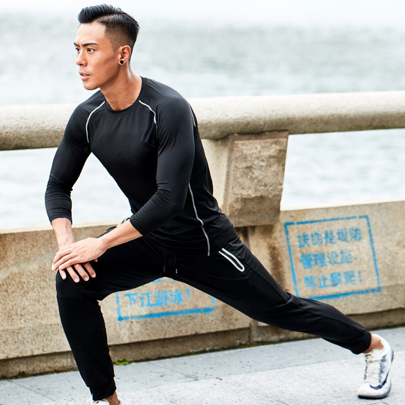 New Men's Fitness Apparel Quick-Drying Long-Sleeved Pants Tight-Fitting Elastic Sports Suit Two-piece Set