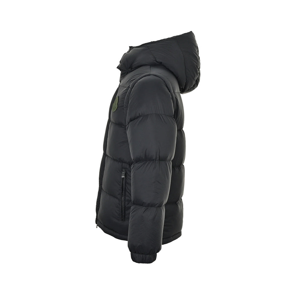 Moncler Matte Hooded Down Jacket — Oversized Logo Badge Snap Front