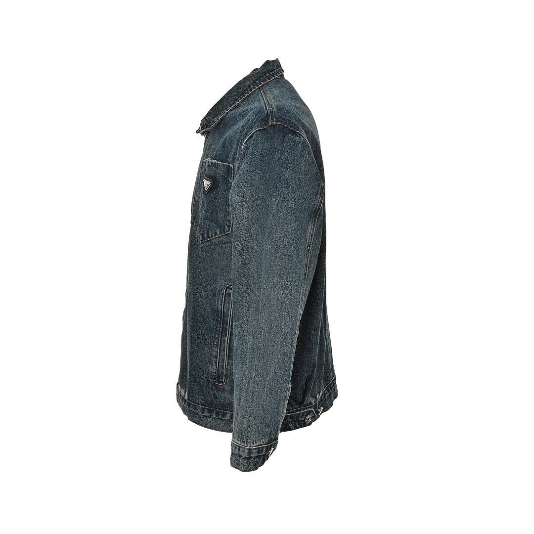 Prada Vintage-Wash Denim Zip Jacket — Charcoal Black