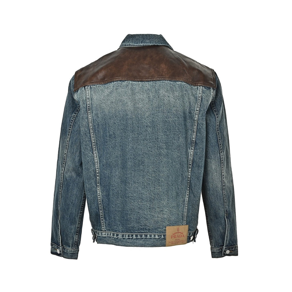 Prada Distressed Denim Trucker Jacket with Leather Yoke — Vintage Wash