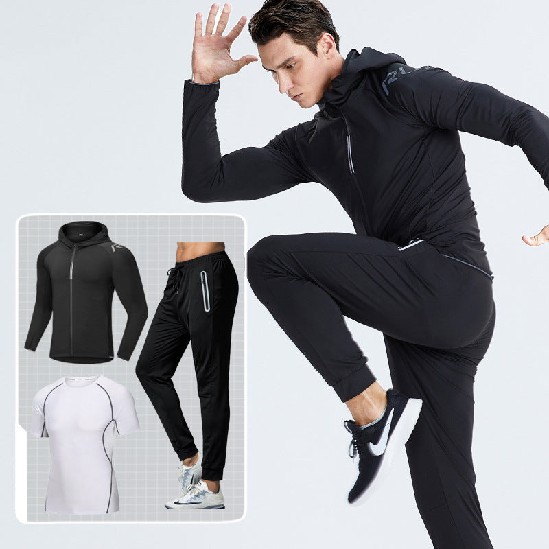 New Men's Fitness Apparel Quick-Drying Long-Sleeved Pants Tight-Fitting Elastic Sports Suit Three-Piece Set