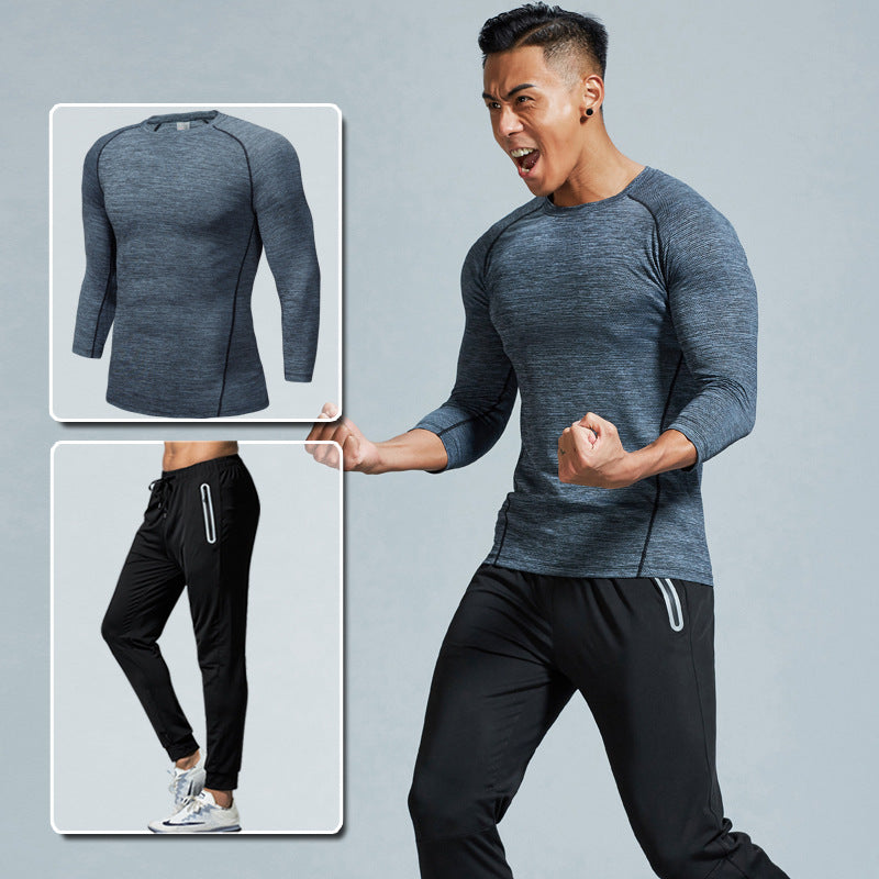New Men's Fitness Apparel Quick-Drying Long-Sleeved Pants Tight-Fitting Elastic Sports Suit Two-piece Set