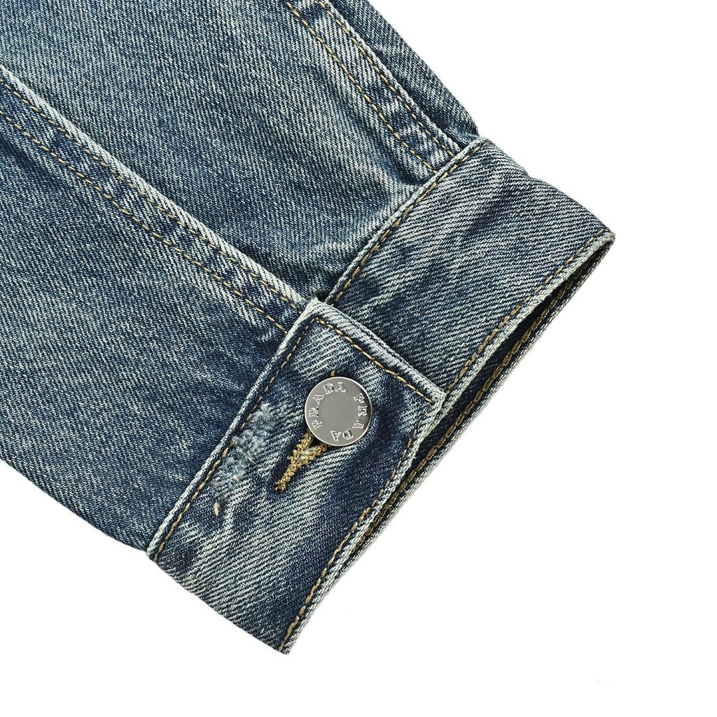 Prada Distressed Denim Trucker Jacket with Leather Yoke — Vintage Wash