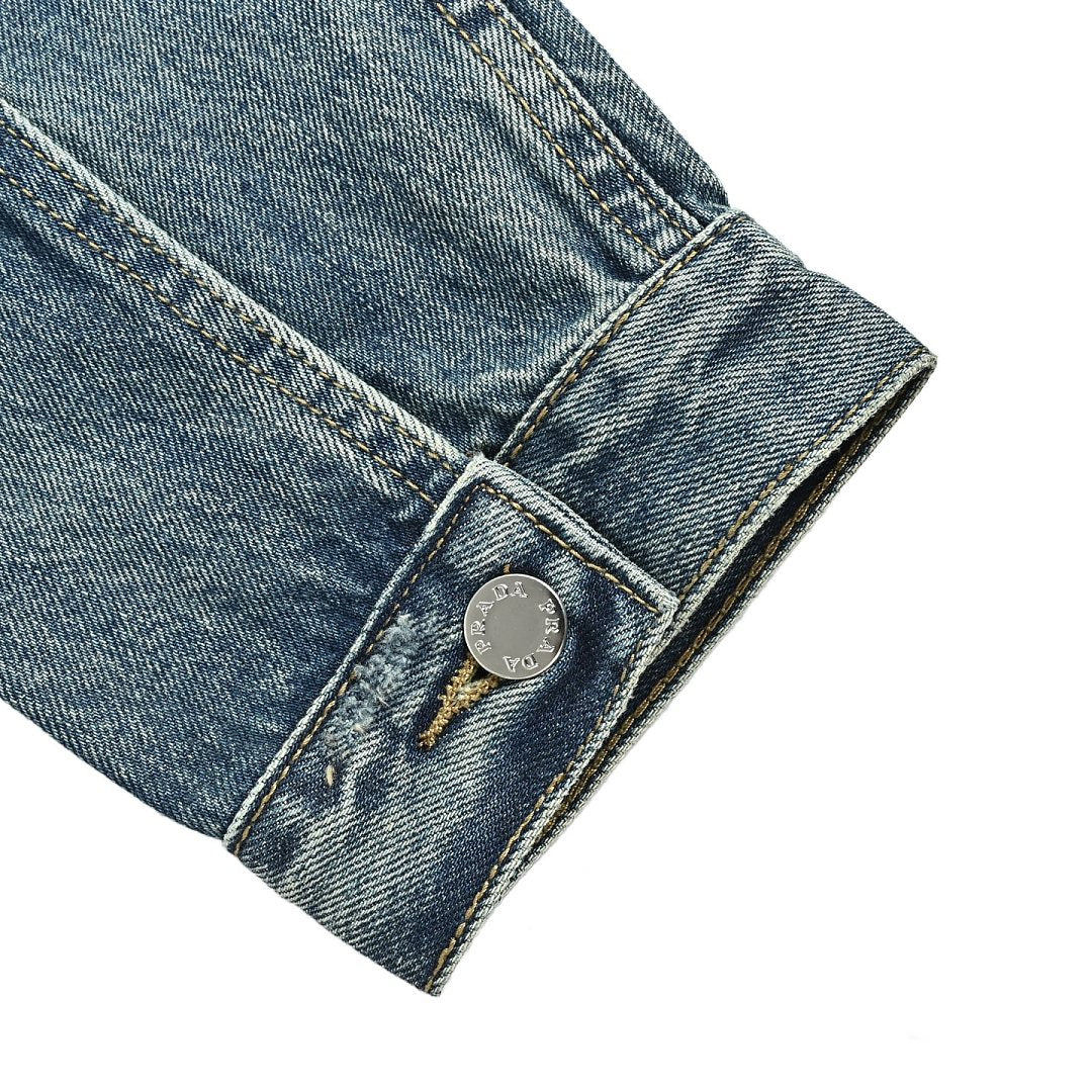 Prada Distressed Denim Trucker Jacket with Leather Yoke — Vintage Wash