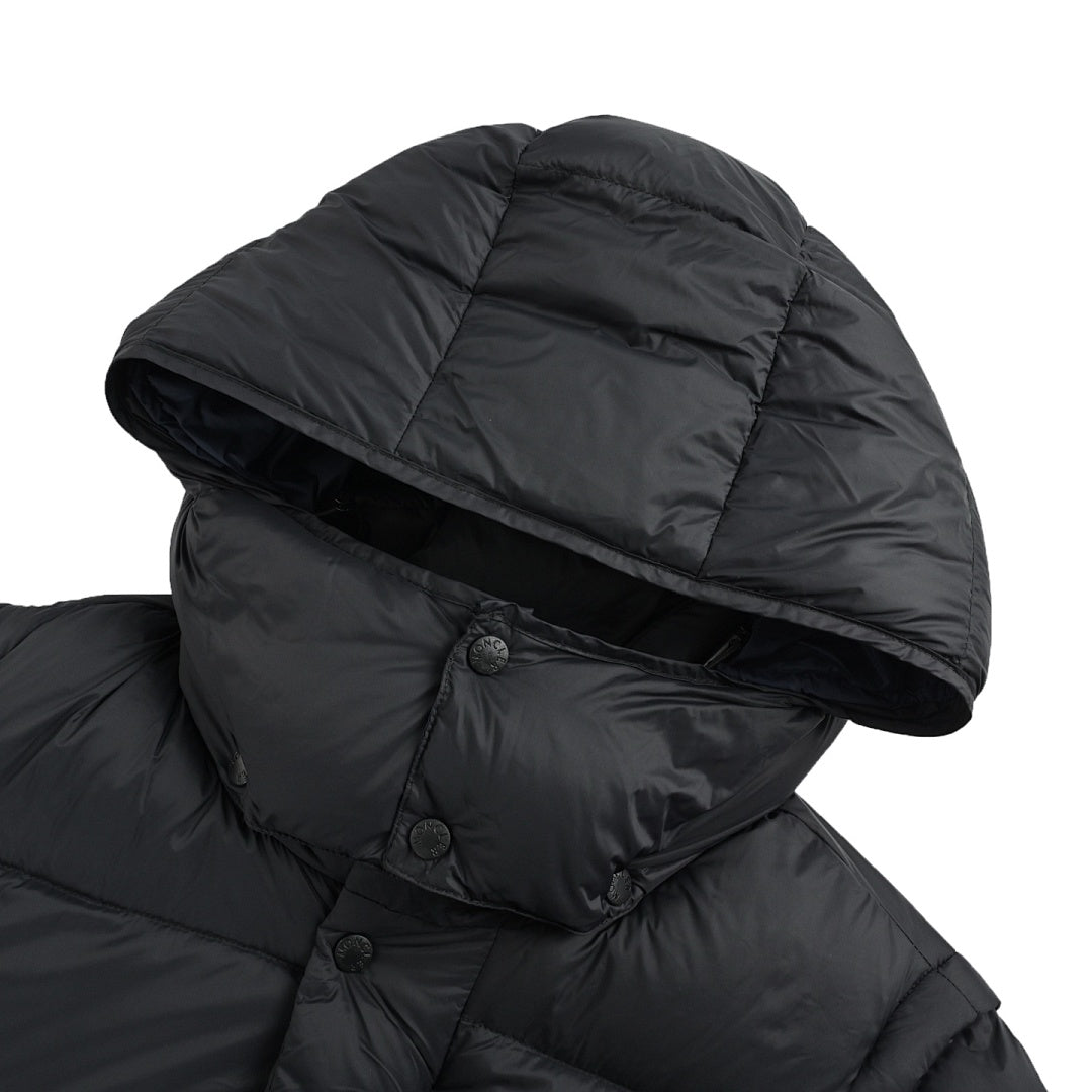 Moncler Matte Hooded Down Jacket — Oversized Logo Badge Snap Front