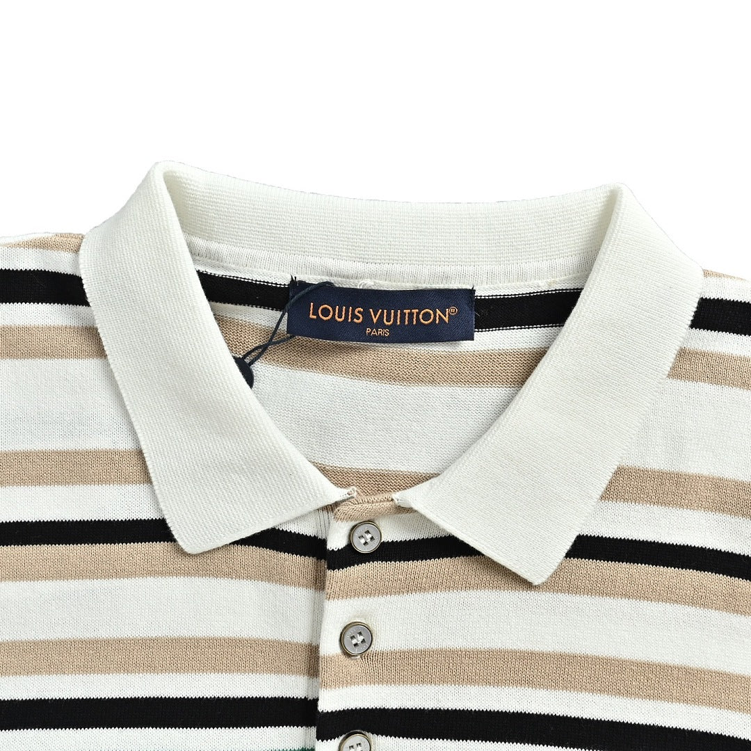 Louis Vuitton 26SS Leather Tab Stripe & Checkerboard Knit Polo Shirt — Dark Edition