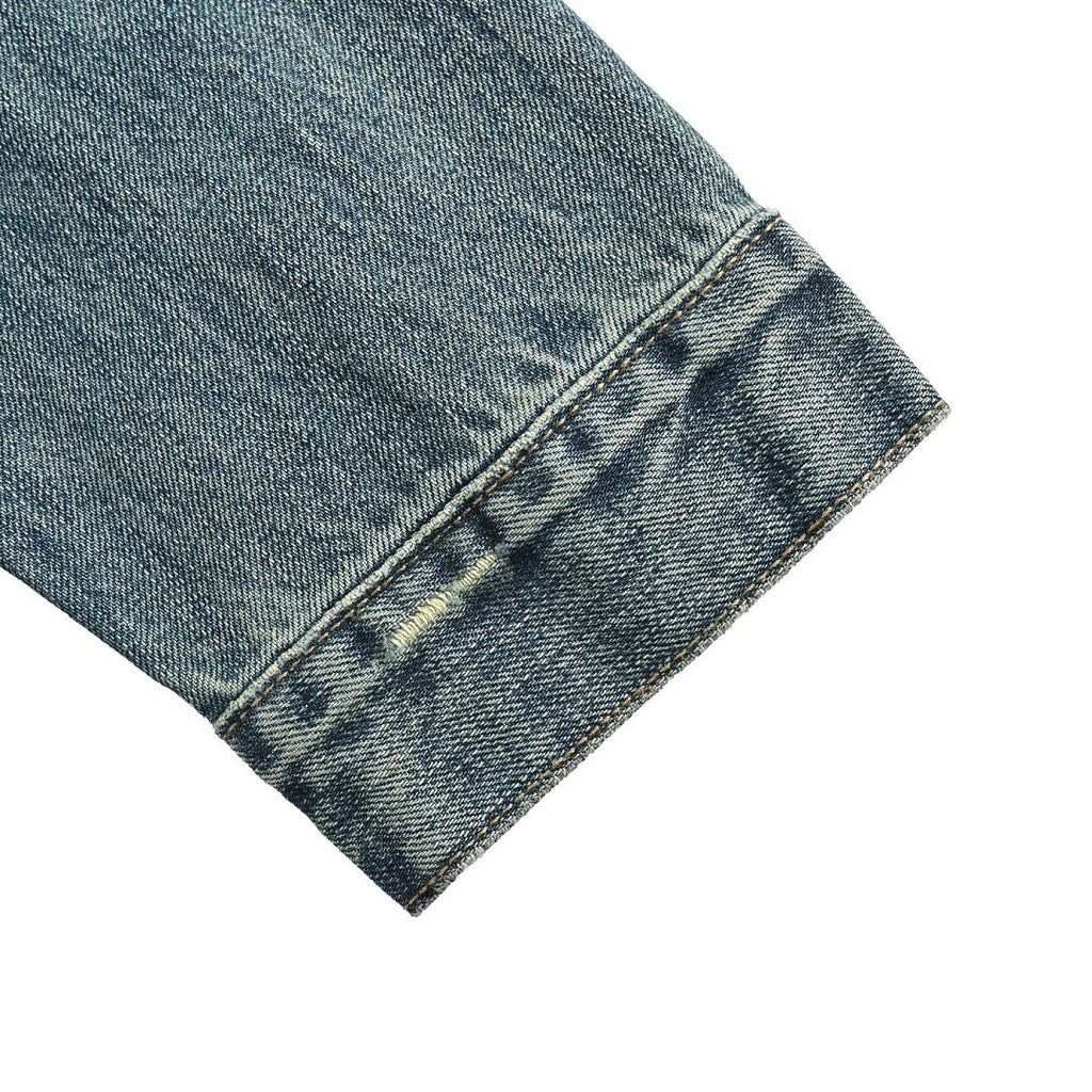 Prada Leather-Yoke Denim Trucker Jacket — Vintage Blue