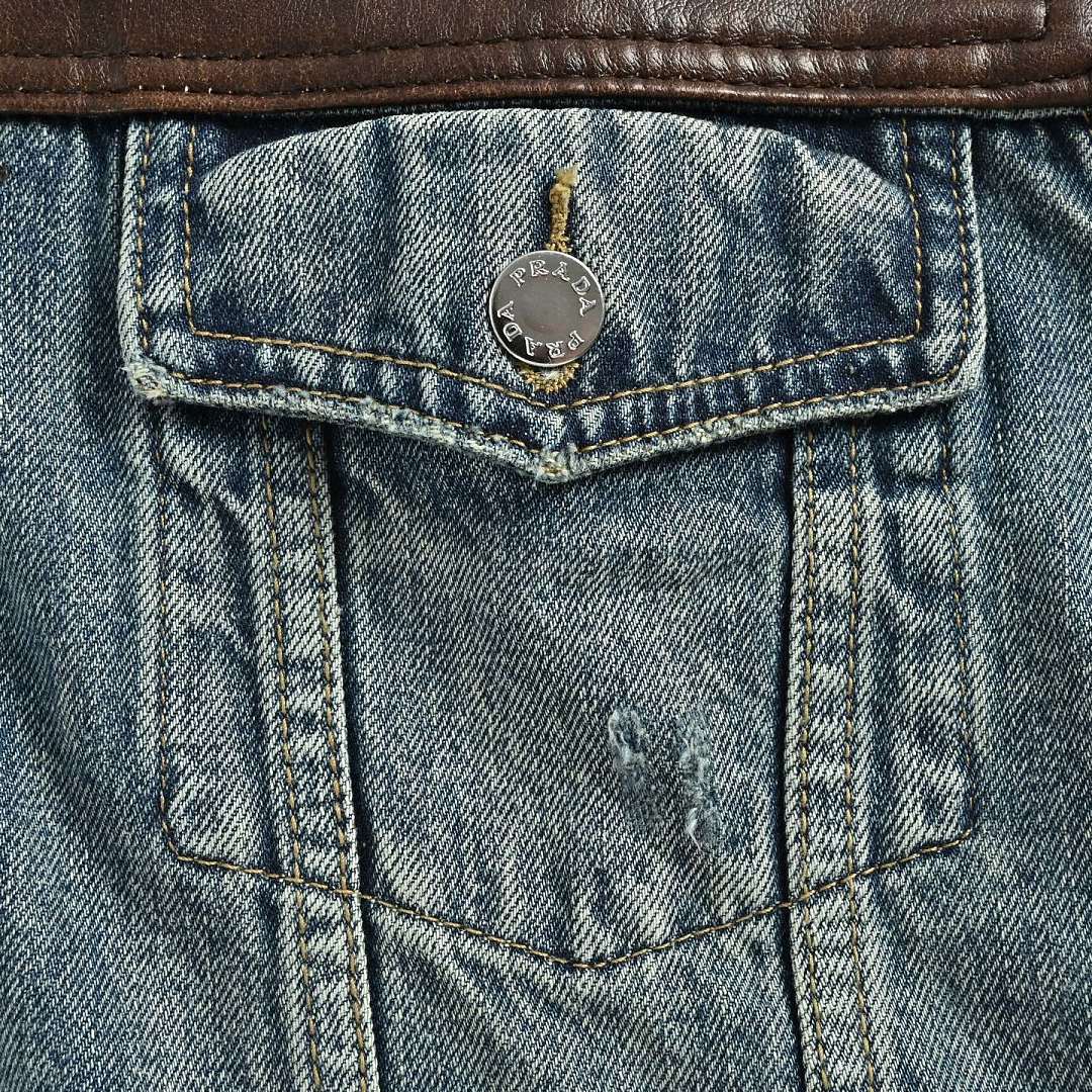 Prada Distressed Denim Trucker Jacket with Leather Yoke — Vintage Wash