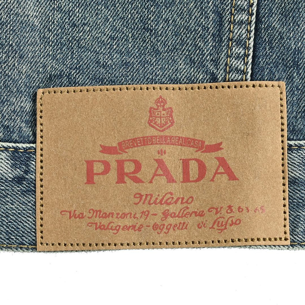 Prada Distressed Denim Trucker Jacket with Leather Yoke — Vintage Wash