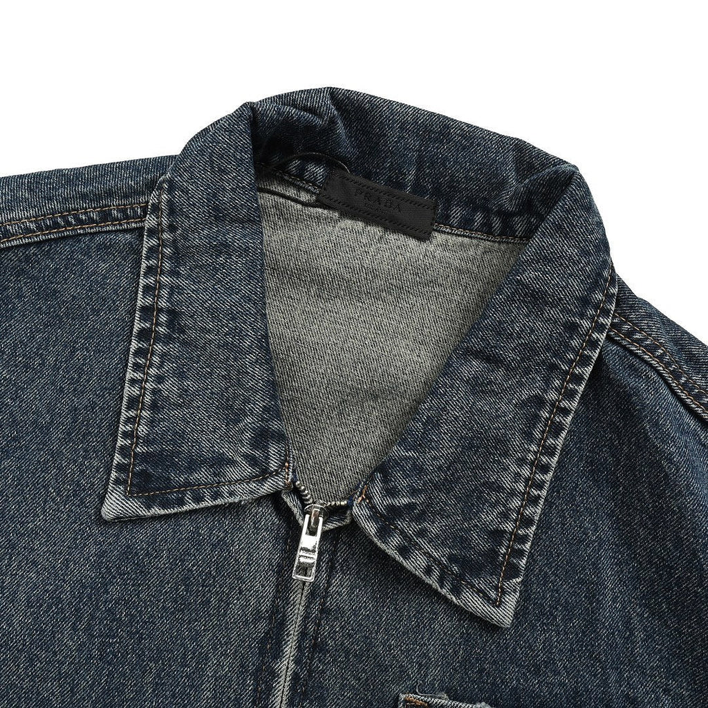 Prada Vintage-Wash Denim Zip Jacket — Charcoal Black