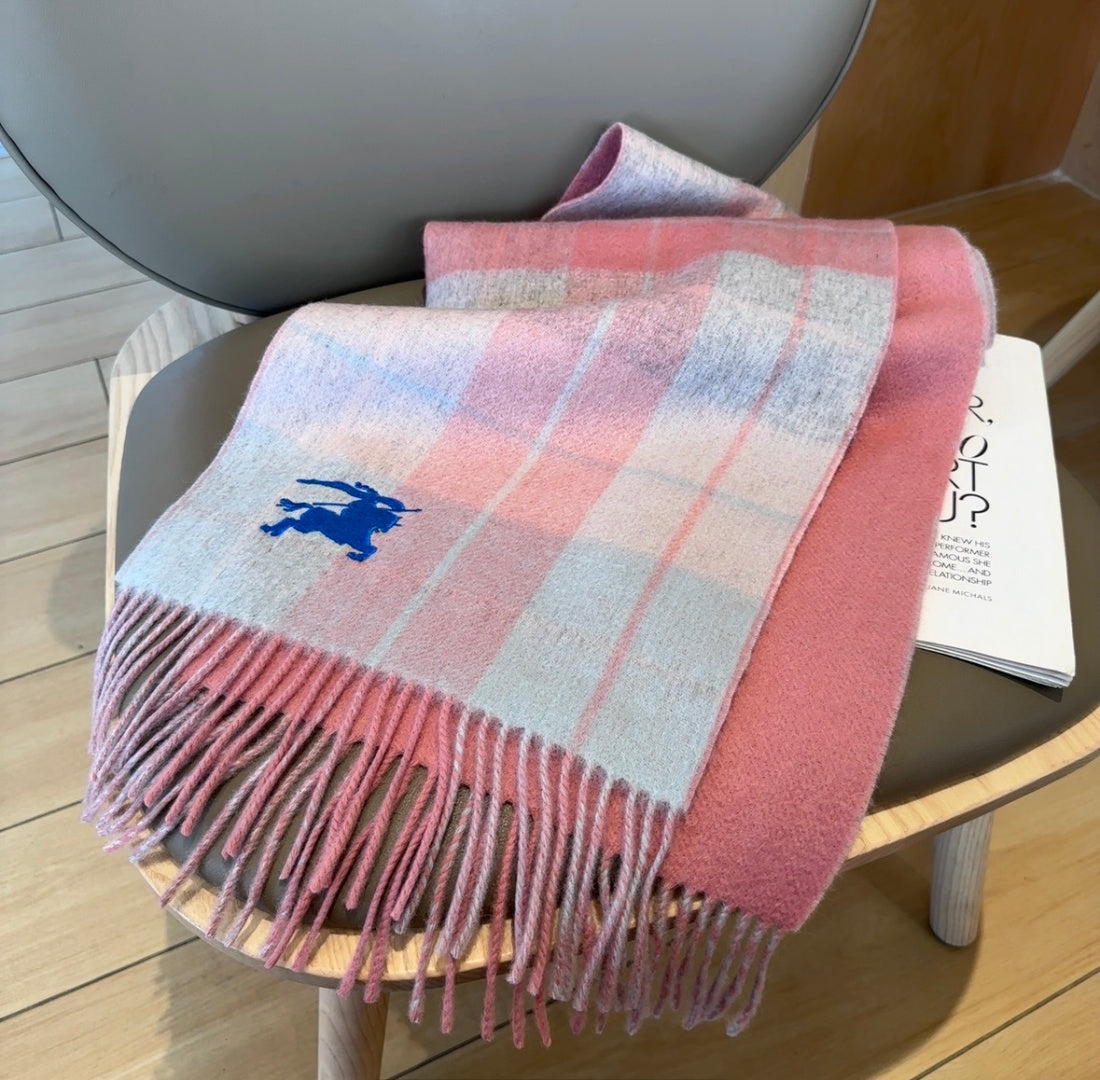 Burberry reversible two-tone wool scarf featuring a circular logo design, crafted from a cotton-wool blend