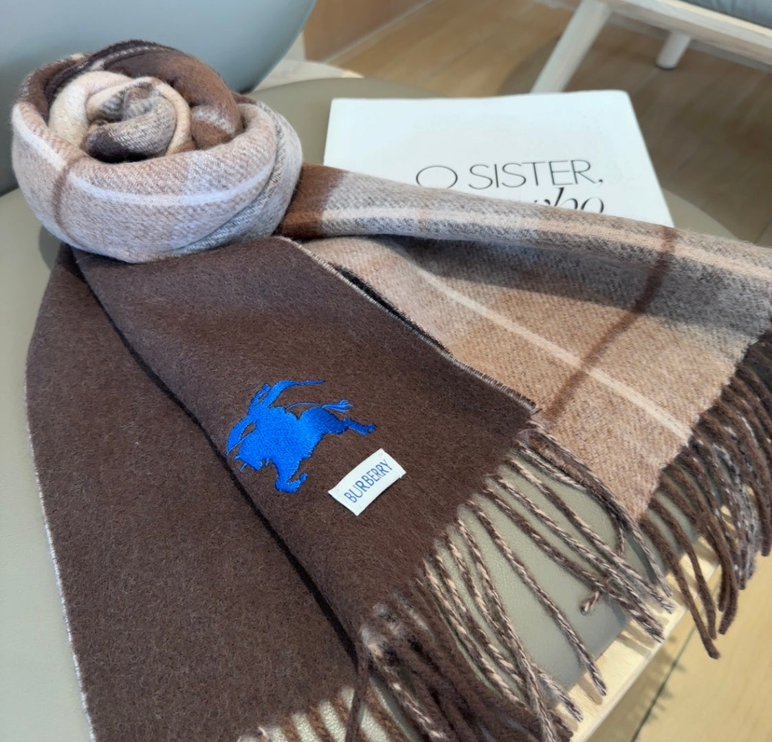 Burberry reversible two-tone wool scarf featuring a circular logo design, crafted from a cotton-wool blend