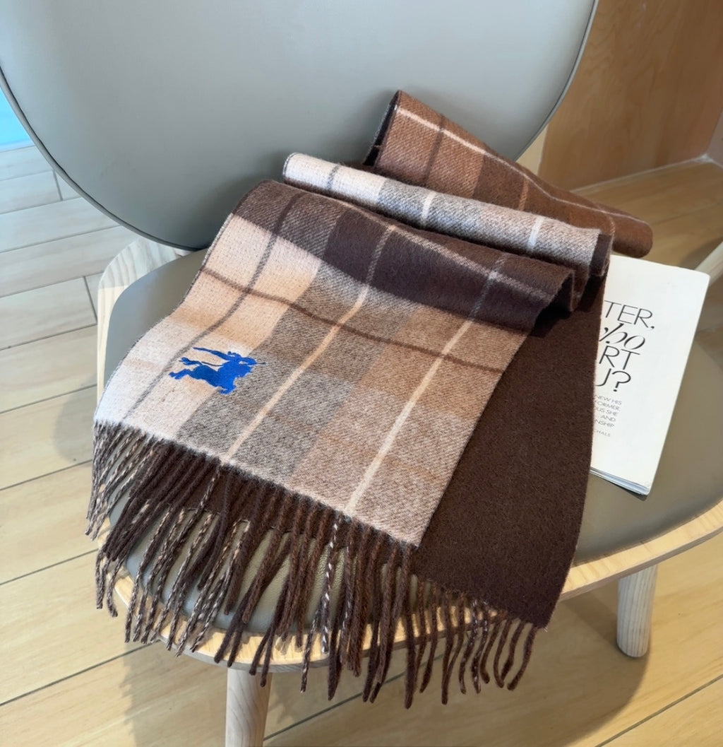 Burberry reversible two-tone wool scarf featuring a circular logo design, crafted from a cotton-wool blend