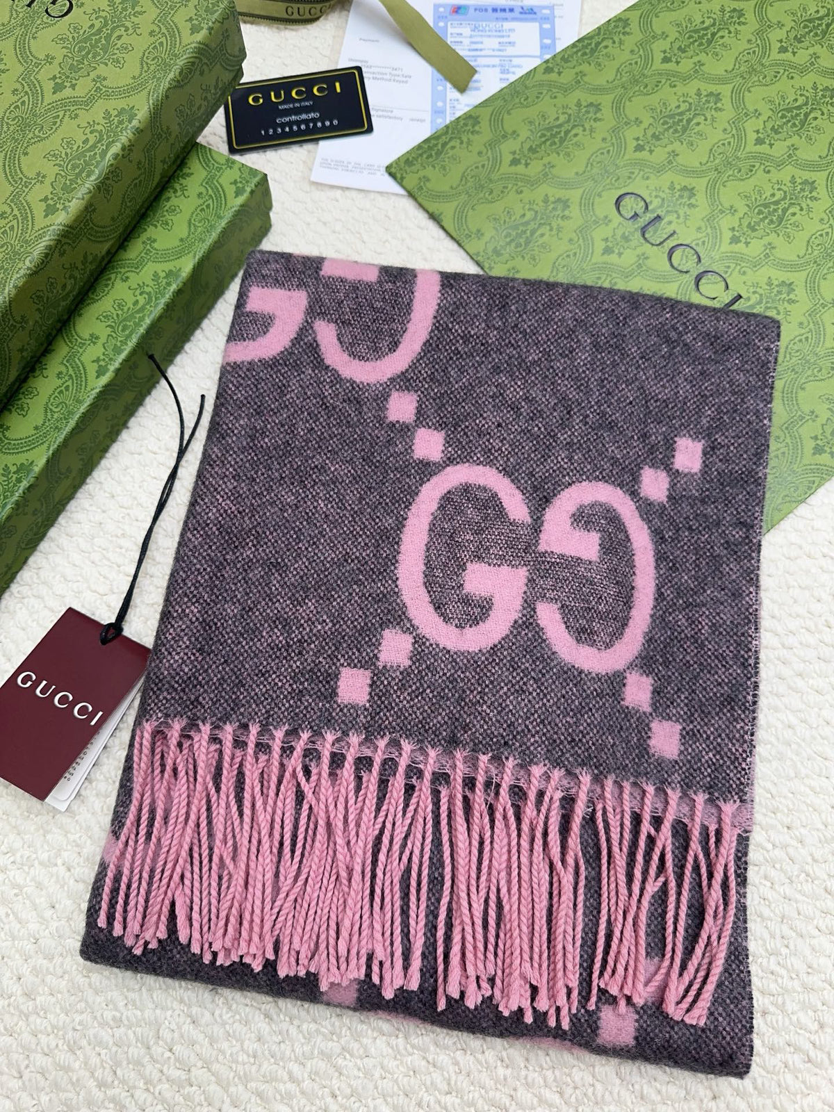 Gucci Reversible GG Jacquard Shawl – Wool-Silk Blend with Fringed Trim