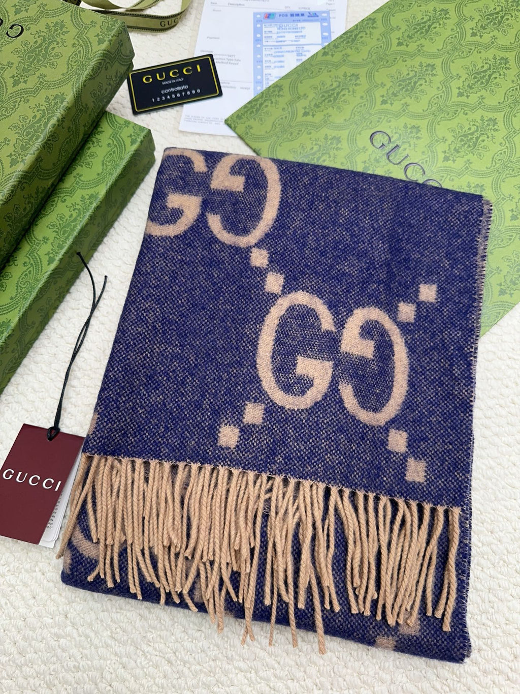 Gucci Reversible GG Jacquard Shawl – Wool-Silk Blend with Fringed Trim