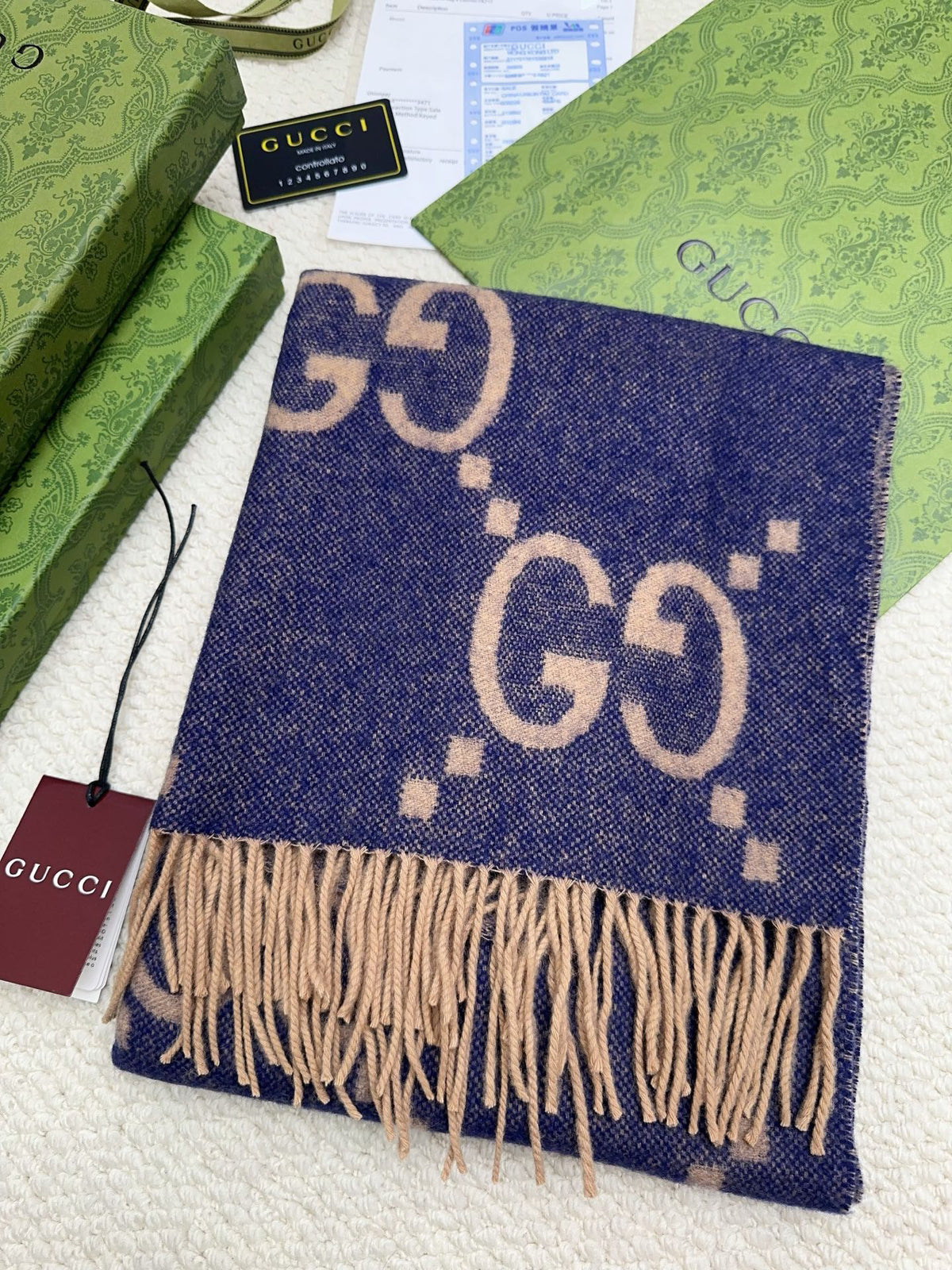 Gucci Reversible GG Jacquard Shawl – Wool-Silk Blend with Fringed Trim