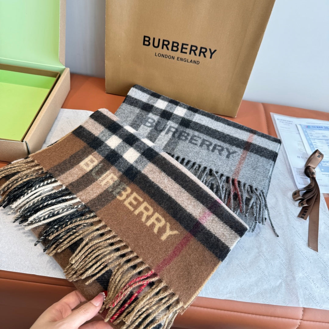Burberry reversible two-tone wool scarf featuring a circular logo design, crafted from a cotton-wool blend