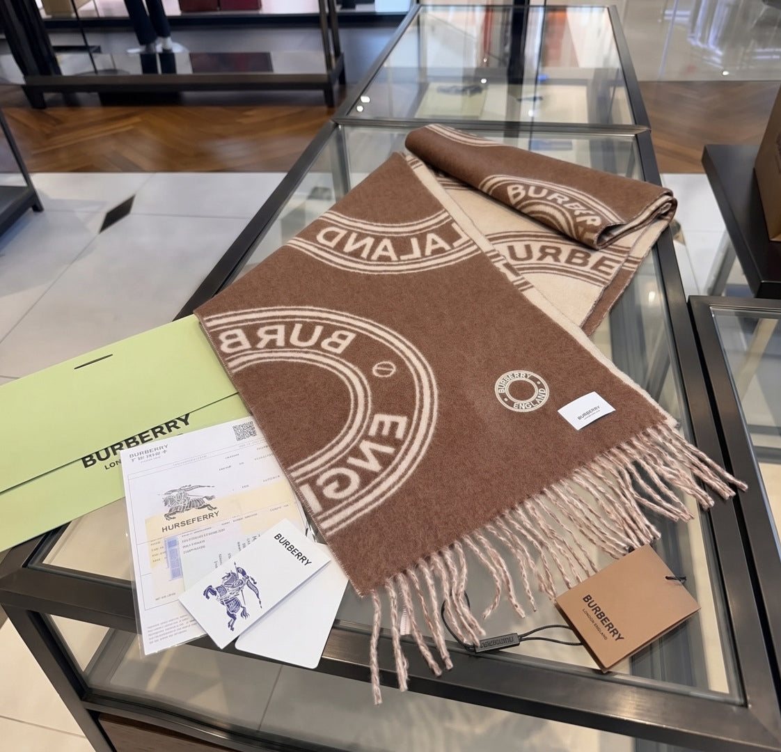 Burberry reversible two-tone wool scarf featuring a circular logo design, crafted from a cotton-wool blend
