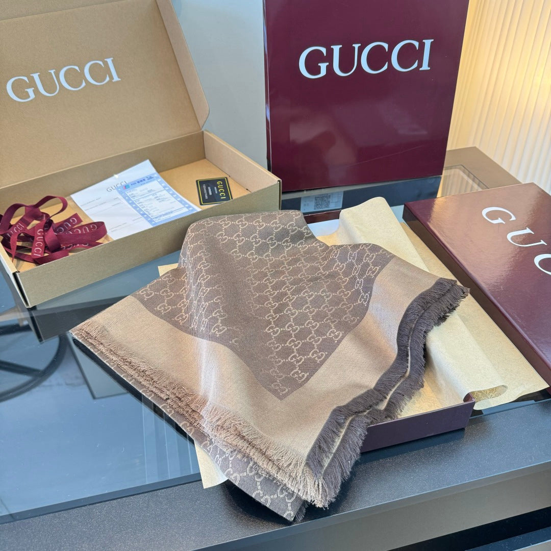 Gucci Reversible GG Jacquard Shawl – Wool-Silk Blend with Fringed Trim