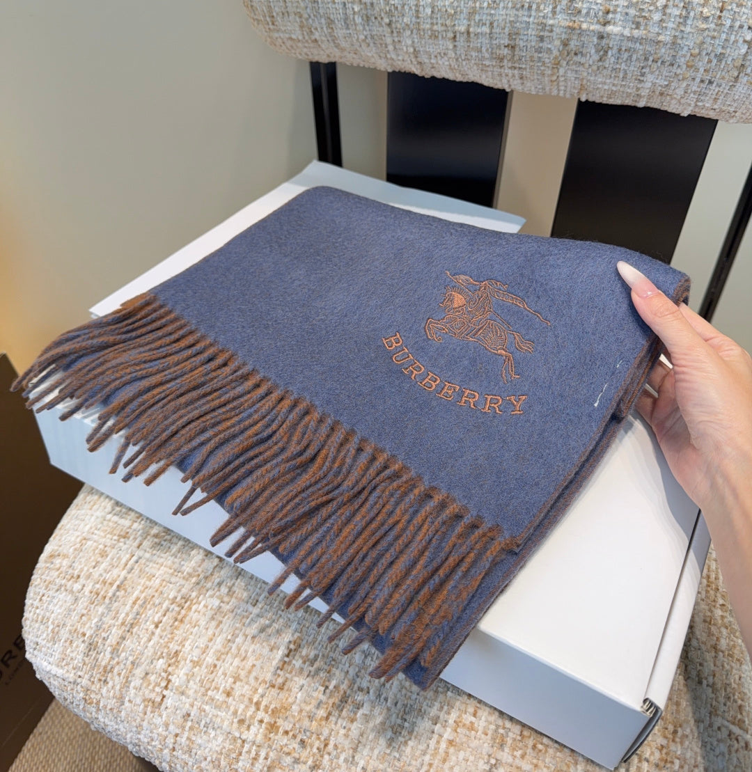 Burberry reversible two-tone wool scarf featuring a circular logo design, crafted from a cotton-wool blend