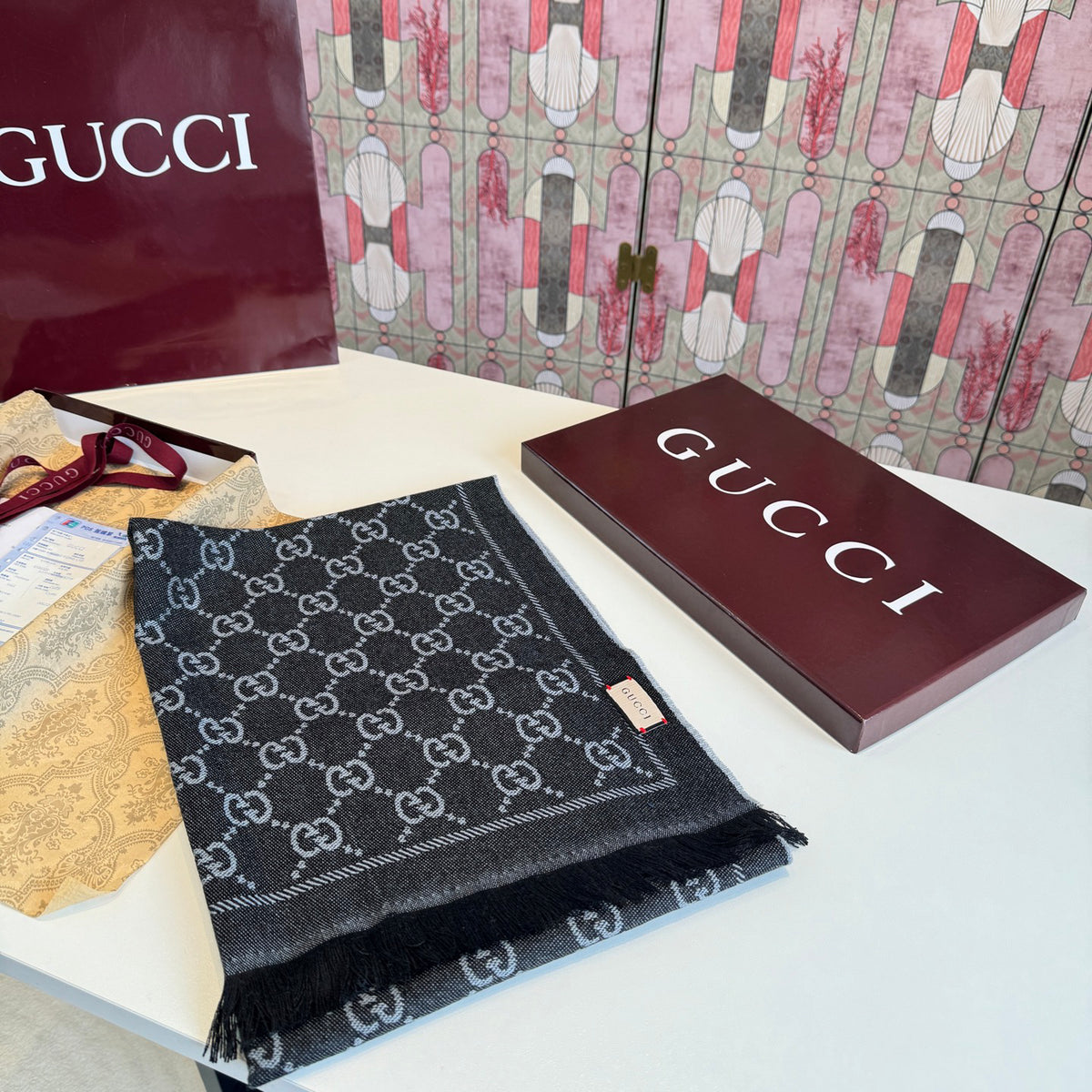 Gucci Reversible GG Jacquard Shawl – Wool-Silk Blend with Fringed Trim