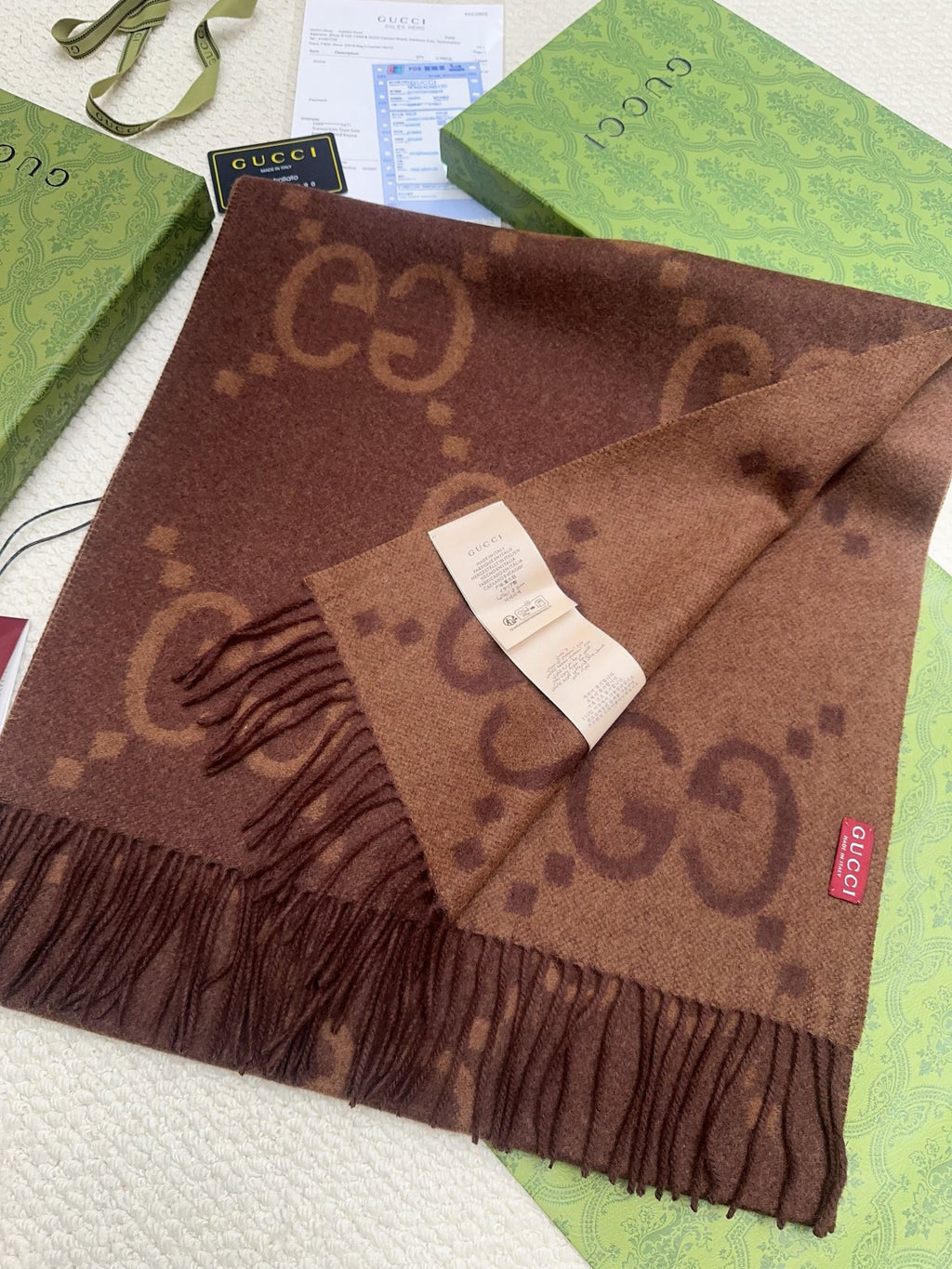 Gucci Reversible GG Jacquard Shawl – Wool-Silk Blend with Fringed Trim