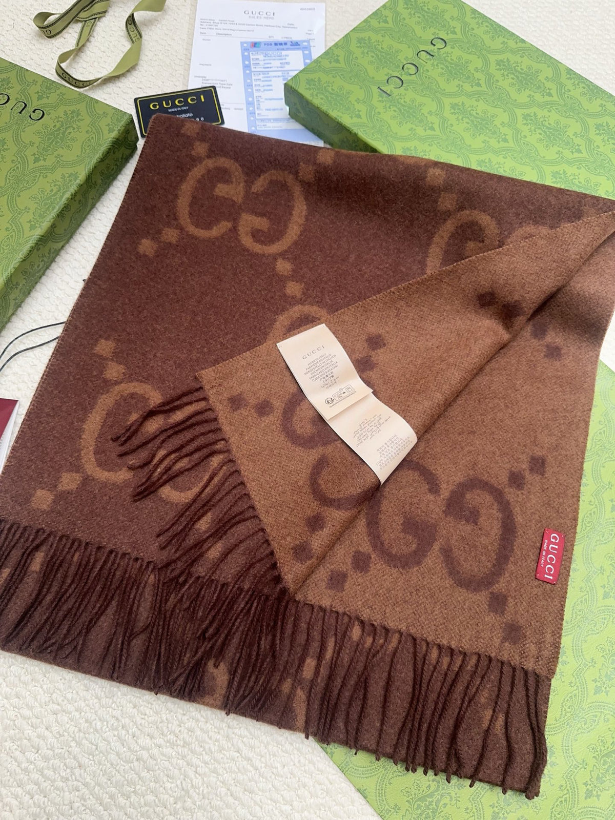 Gucci Reversible GG Jacquard Shawl – Wool-Silk Blend with Fringed Trim