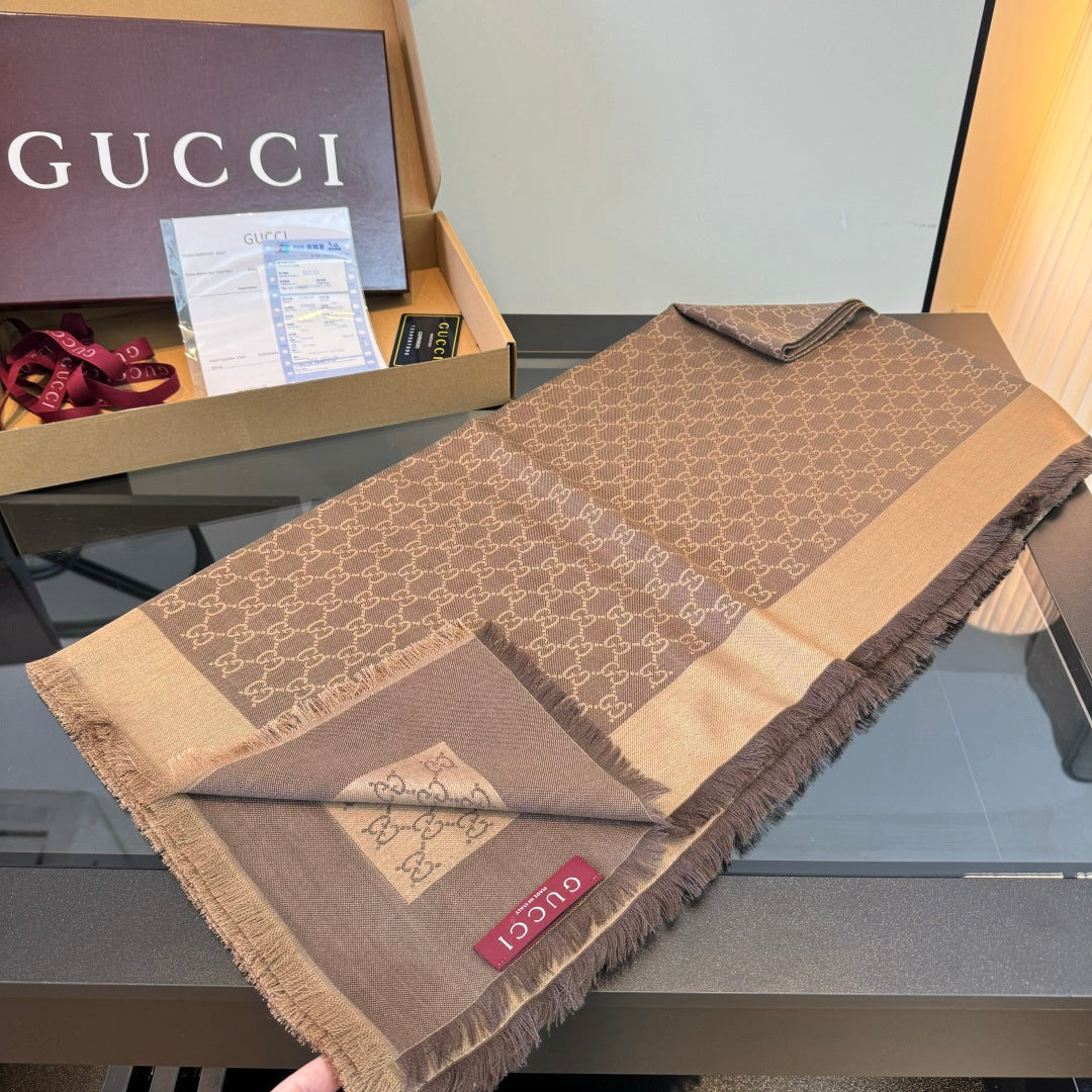 Gucci Reversible GG Jacquard Shawl – Wool-Silk Blend with Fringed Trim