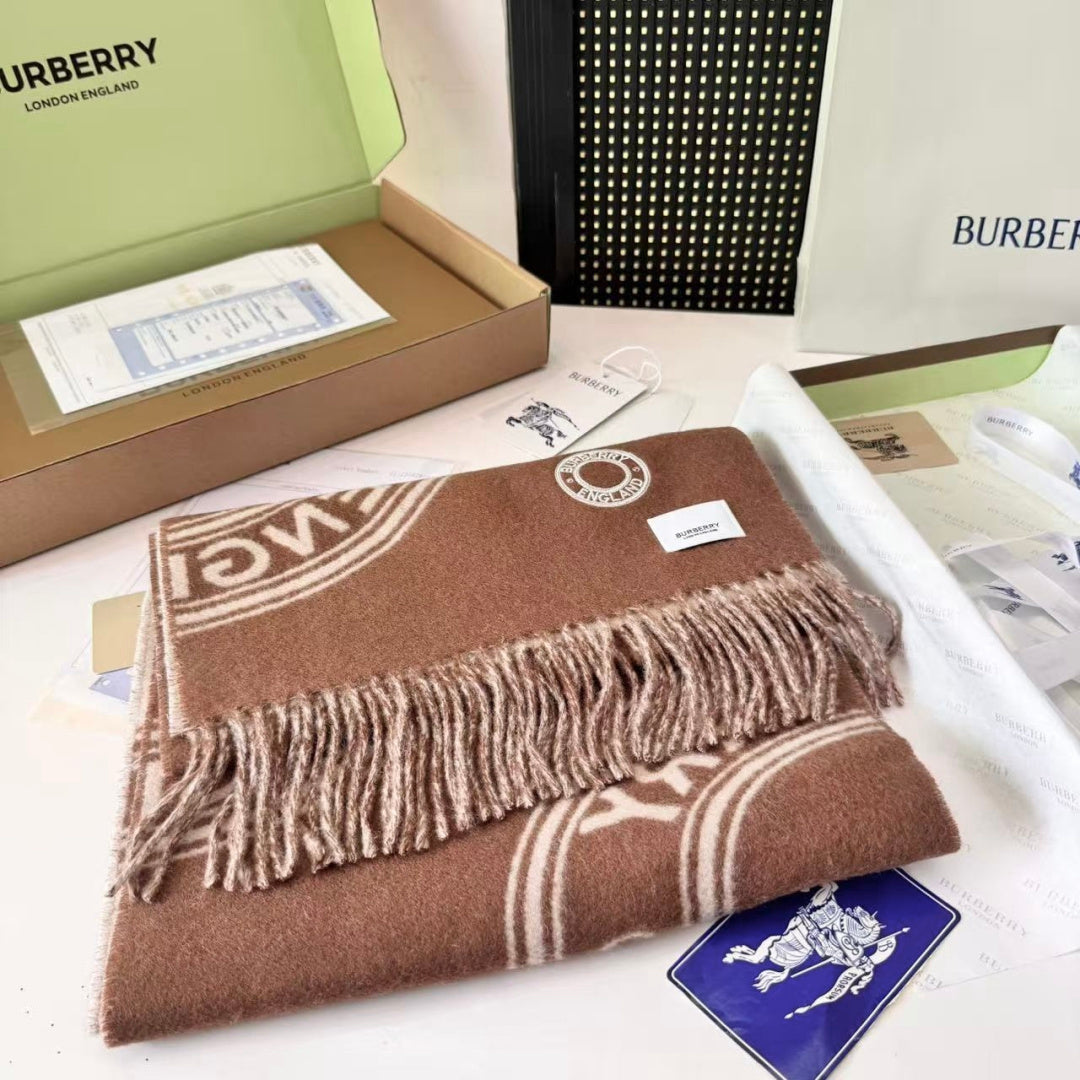 Burberry reversible two-tone wool scarf featuring a circular logo design, crafted from a cotton-wool blend
