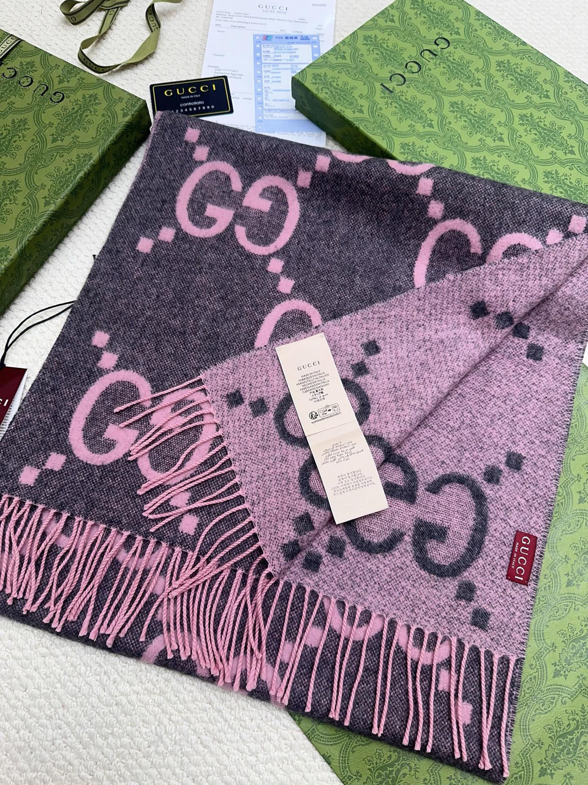 Gucci Reversible GG Jacquard Shawl – Wool-Silk Blend with Fringed Trim