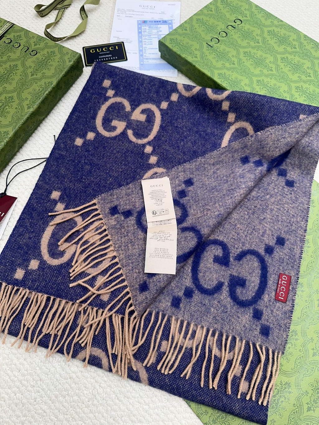 Gucci Reversible GG Jacquard Shawl – Wool-Silk Blend with Fringed Trim