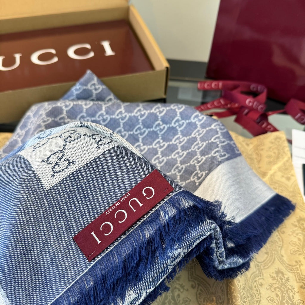 Gucci Reversible GG Jacquard Shawl – Wool-Silk Blend with Fringed Trim