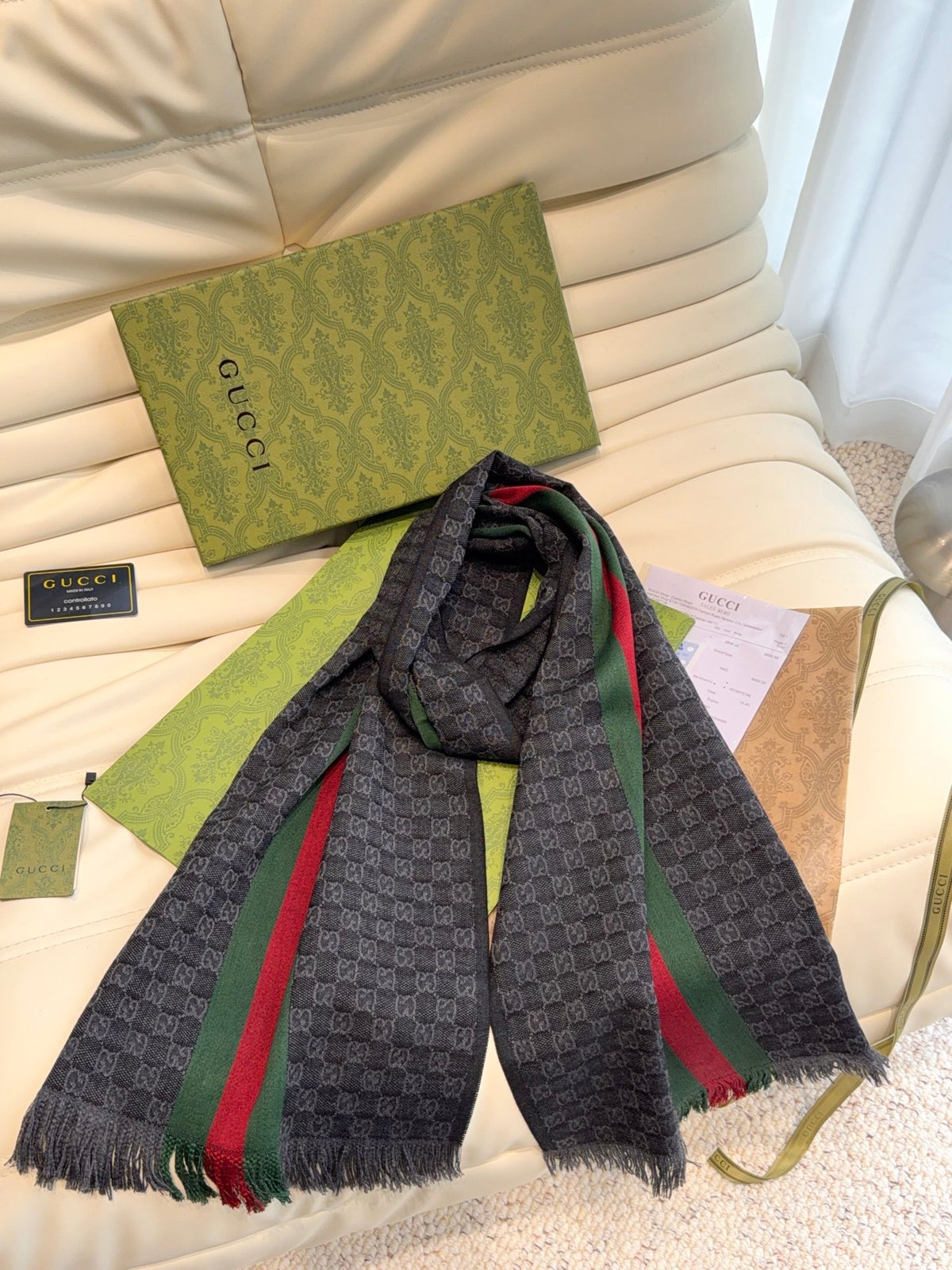 Gucci Reversible GG Jacquard Shawl – Wool-Silk Blend with Fringed Trim