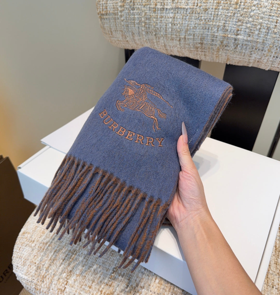 Burberry reversible two-tone wool scarf featuring a circular logo design, crafted from a cotton-wool blend