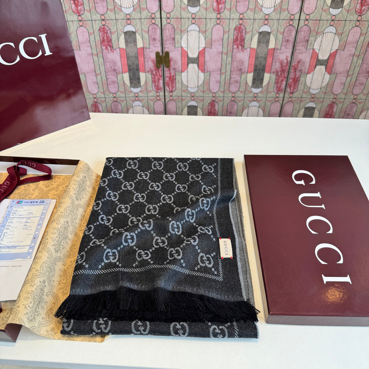 Gucci Reversible GG Jacquard Shawl – Wool-Silk Blend with Fringed Trim